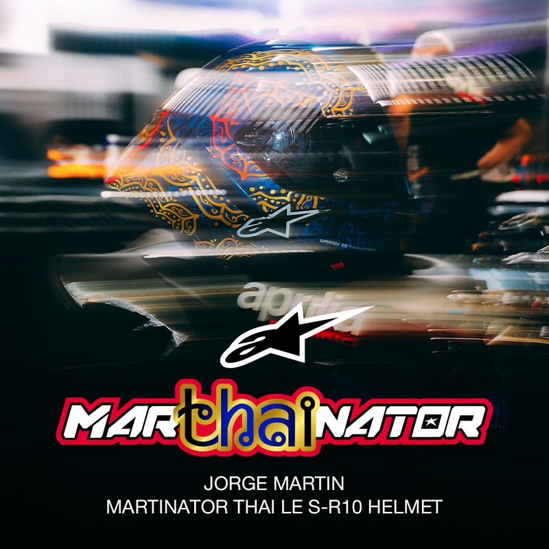Alpinestars Supertech R10 Marthainator Limited Edition Integralhelm, limitiert von JORGE MARTIN, Modell Blue Pearl, Gold Red