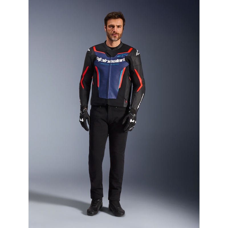 Alpinestars GP Force V2 Leder-Motorradjacke, schwarz-blau-fluoreszierend rot