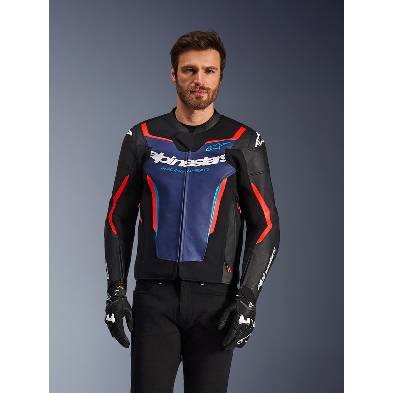 Alpinestars GP Force V2 Leder-Motorradjacke, schwarz-blau-fluoreszierend rot