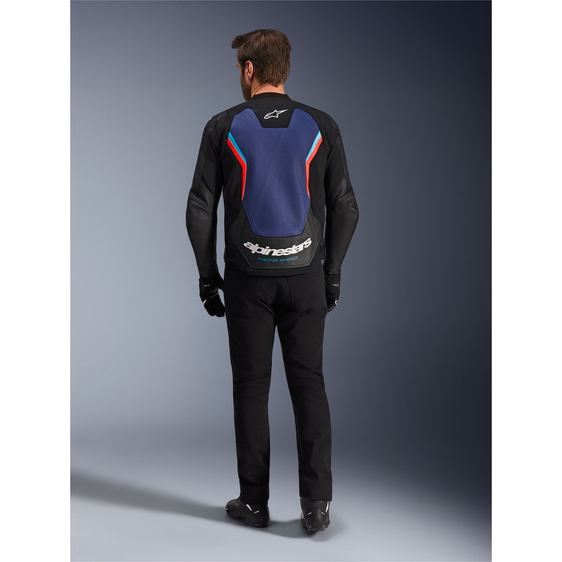 Alpinestars GP Force V2 Leder-Motorradjacke, schwarz-blau-fluoreszierend rot