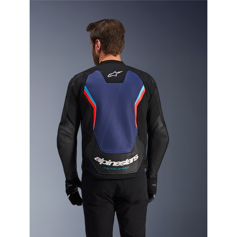 Alpinestars GP Force V2 Leder-Motorradjacke, schwarz-blau-fluoreszierend rot