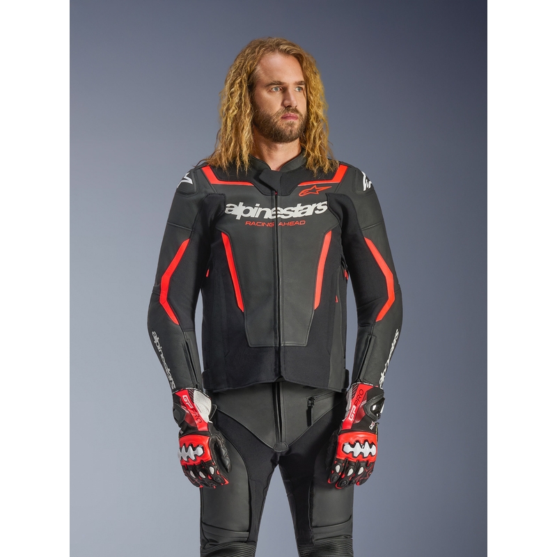 Alpinestars GP Force V2 Leder-Motorradjacke, schwarz-fluoreszierend rot-weiß