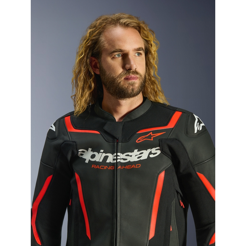 Alpinestars GP Force V2 Leder-Motorradjacke, schwarz-fluoreszierend rot-weiß