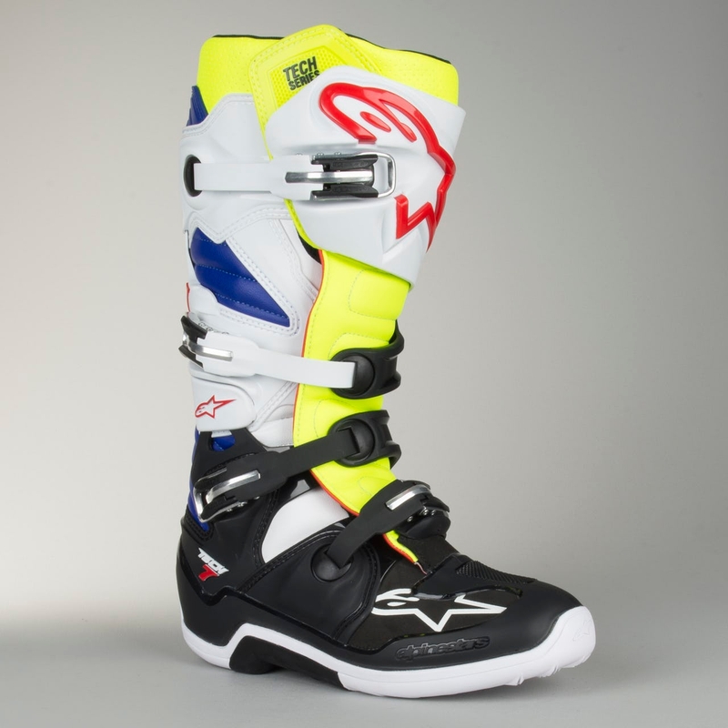 Alpinestars Tech 7 weiß-schwarz-blau-rot-fluo gelb Motorradstiefel
