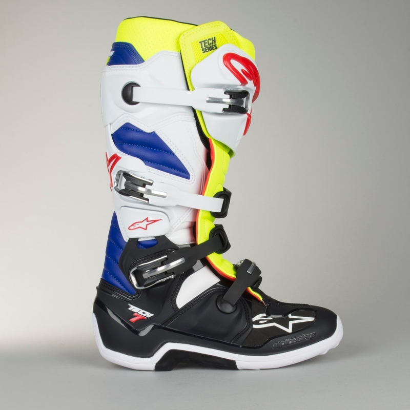 Alpinestars Tech 7 weiß-schwarz-blau-rot-fluo gelb Motorradstiefel