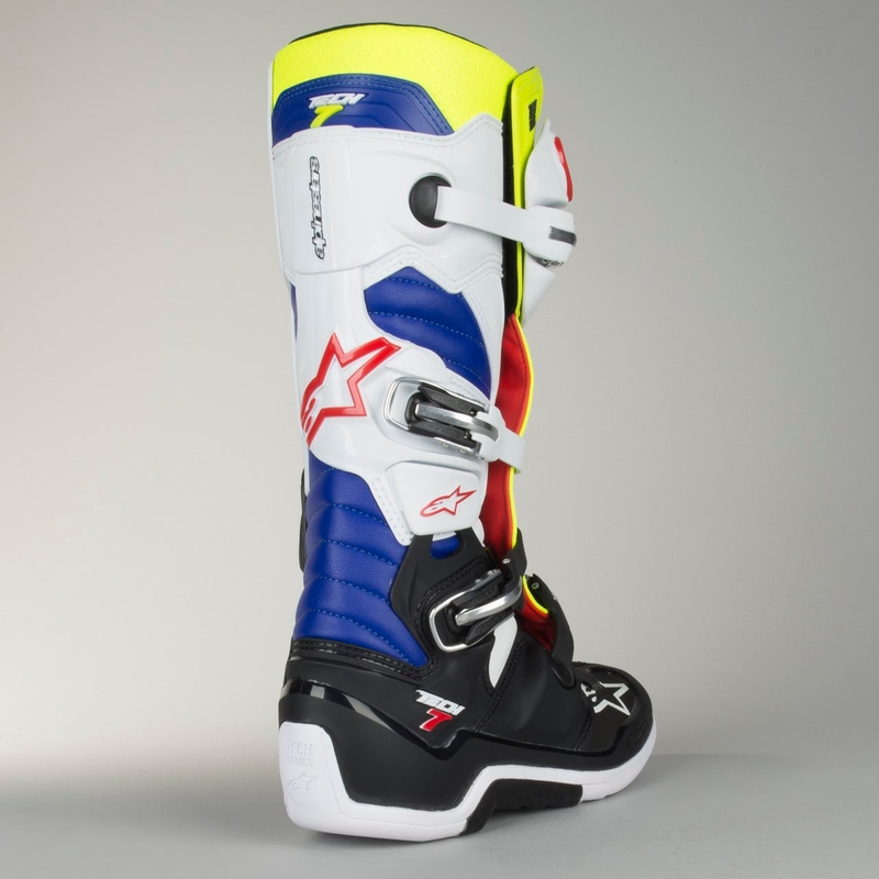 Alpinestars Tech 7 weiß-schwarz-blau-rot-fluo gelb Motorradstiefel