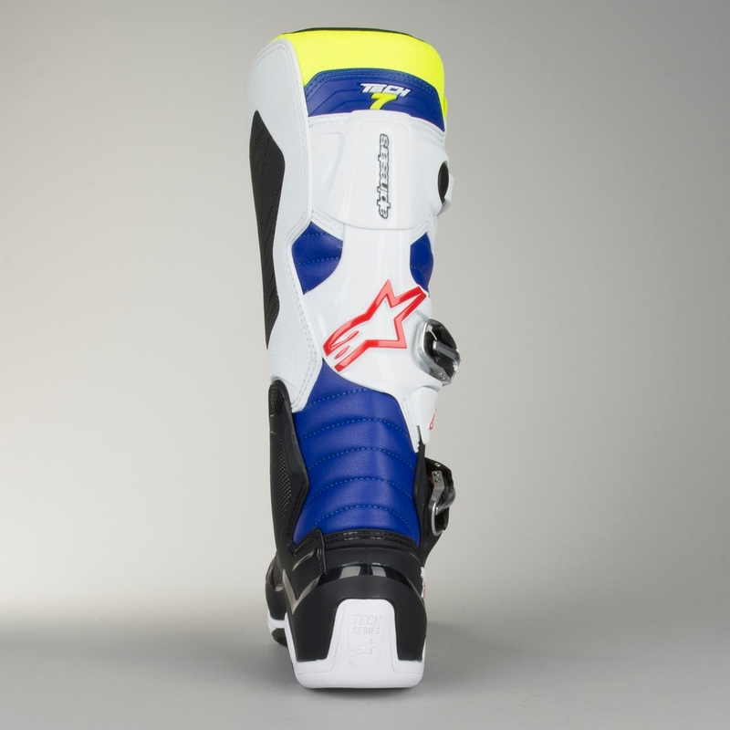 Alpinestars Tech 7 weiß-schwarz-blau-rot-fluo gelb Motorradstiefel
