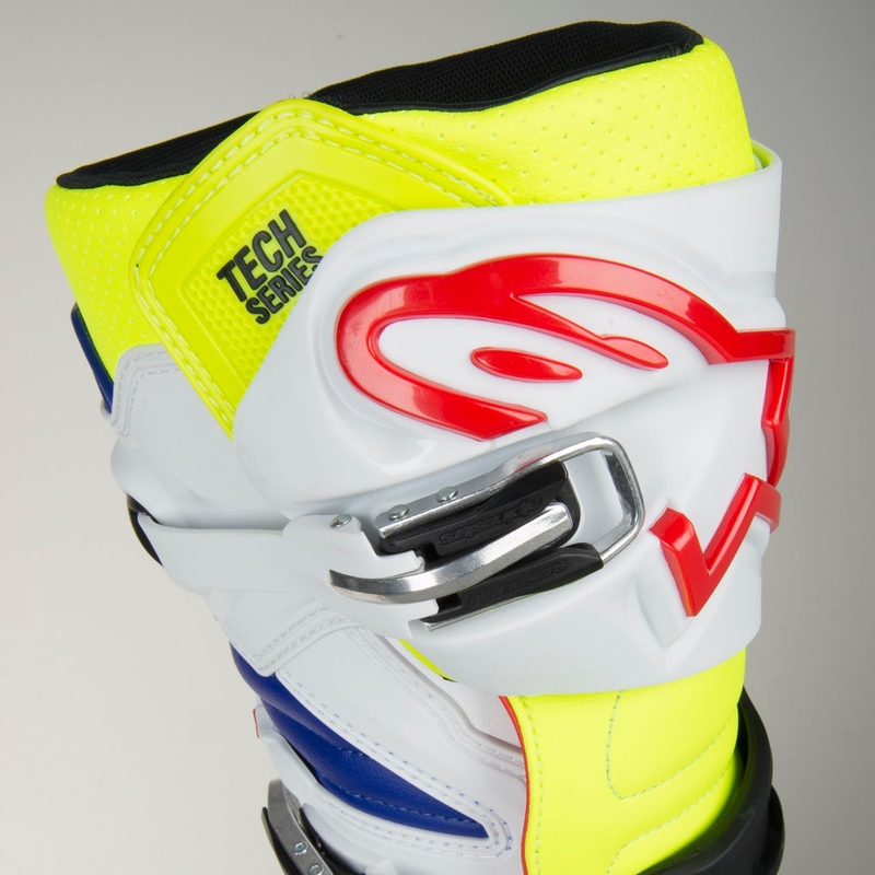 Alpinestars Tech 7 weiß-schwarz-blau-rot-fluo gelb Motorradstiefel