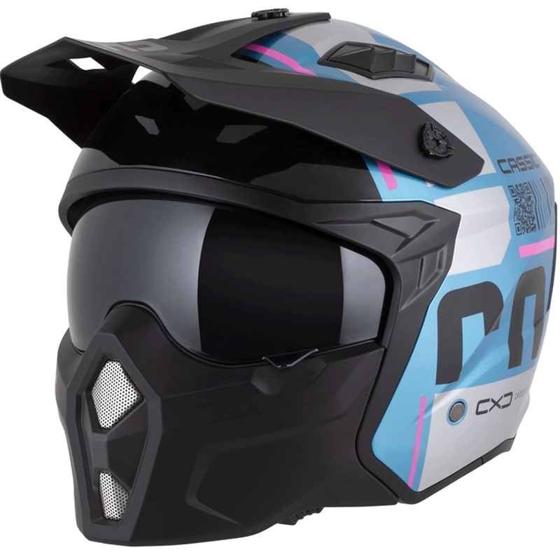 Modularer Motorradhelm Cassida Cross Country Code, Perlblau-Silber-Rosa-Schwarz