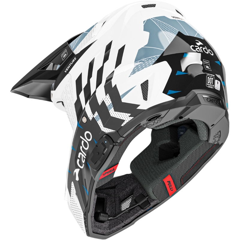 Motocross-Helm mit Gegensprechanlage Cardo Venture weiß-schwarz-blau