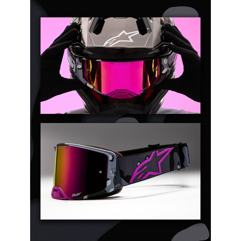 Alpinestars Supertech Lone Motocross-Brille in lila Camouflage mit verspiegeltem rosa Plexiglas