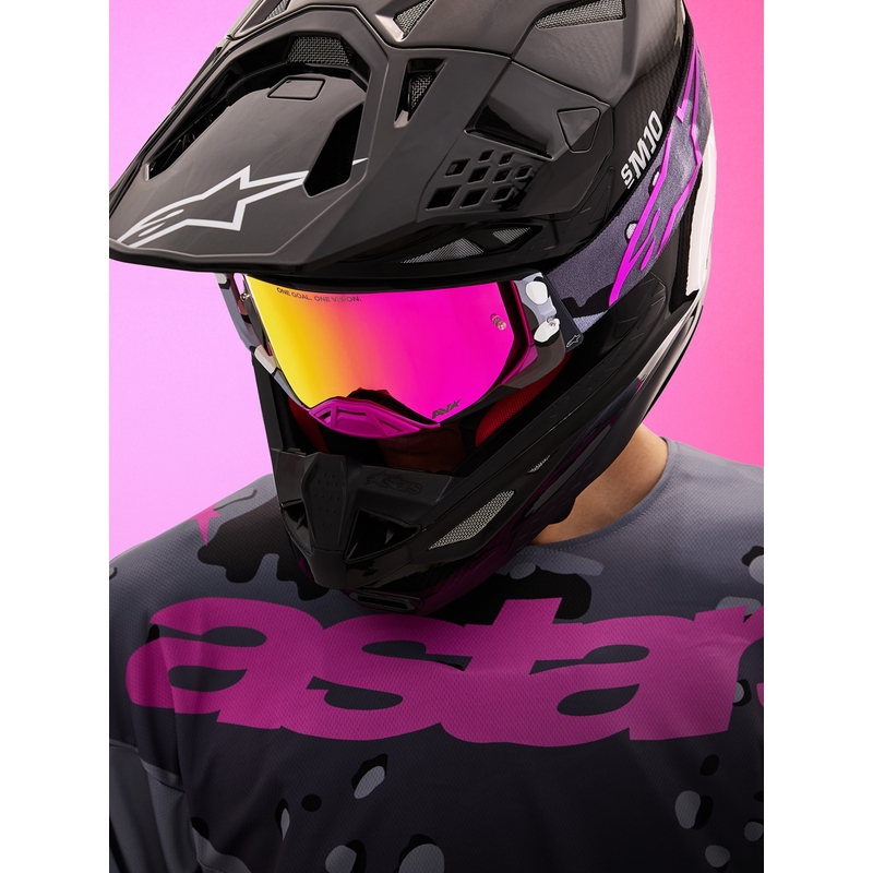Alpinestars Supertech Lone Motocross-Brille in lila Camouflage mit verspiegeltem rosa Plexiglas