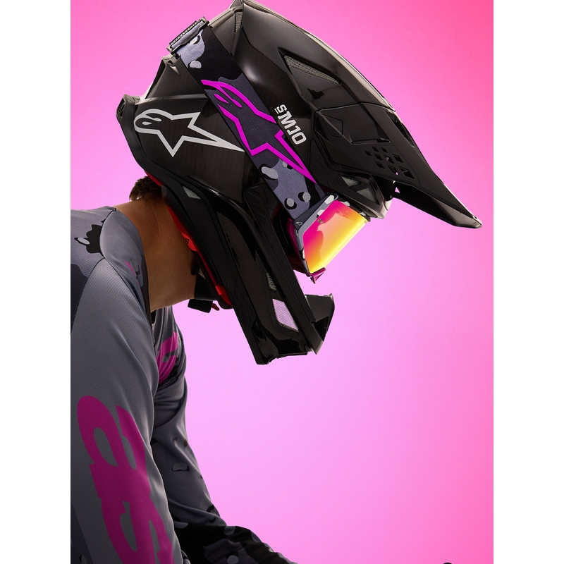 Alpinestars Supertech Lone Motocross-Brille in lila Camouflage mit verspiegeltem rosa Plexiglas