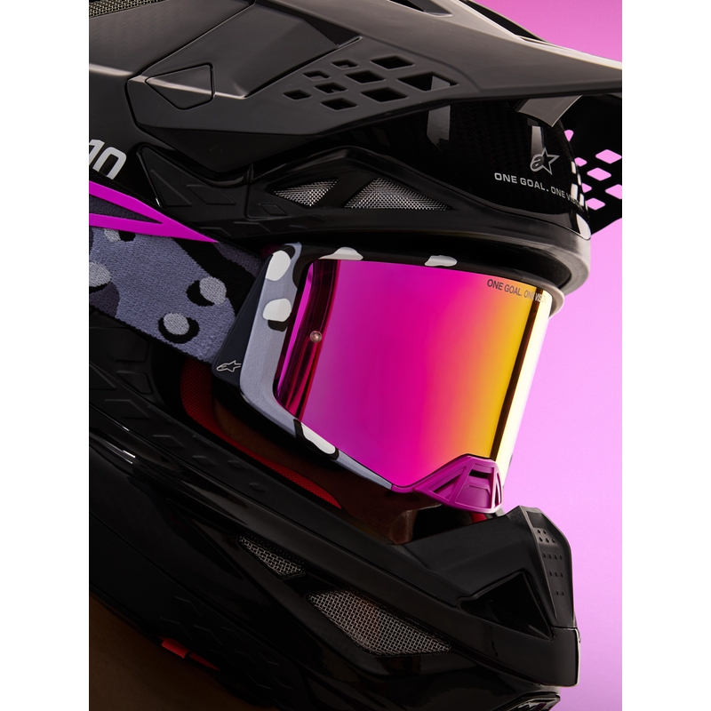 Alpinestars Supertech Lone Motocross-Brille in lila Camouflage mit verspiegeltem rosa Plexiglas