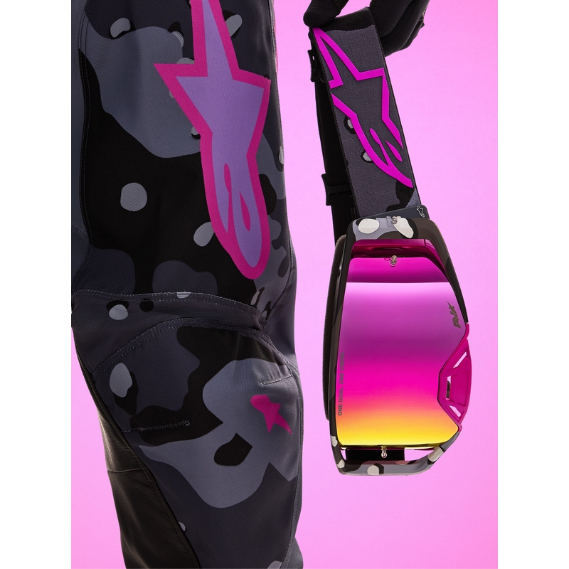 Alpinestars Supertech Lone Motocross-Brille in lila Camouflage mit verspiegeltem rosa Plexiglas