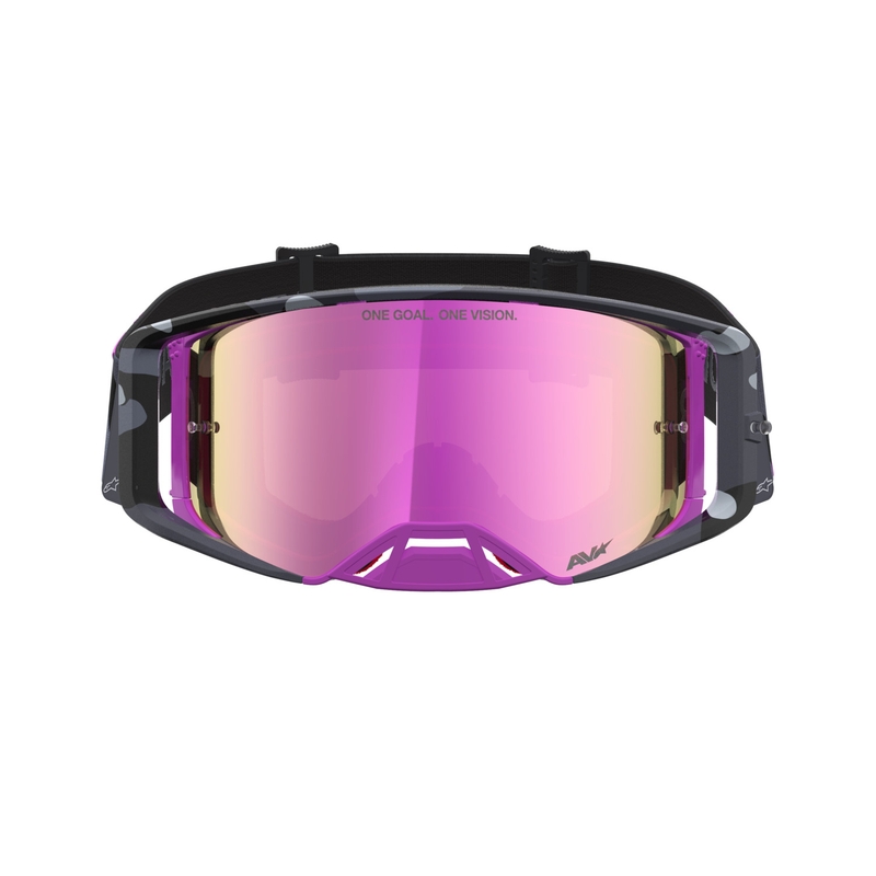Alpinestars Supertech Lone Motocross-Brille in lila Camouflage mit verspiegeltem rosa Plexiglas