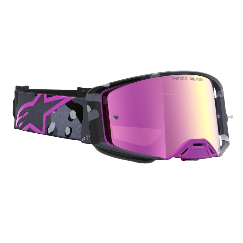 Alpinestars Supertech Lone Motocross-Brille in lila Camouflage mit verspiegeltem rosa Plexiglas