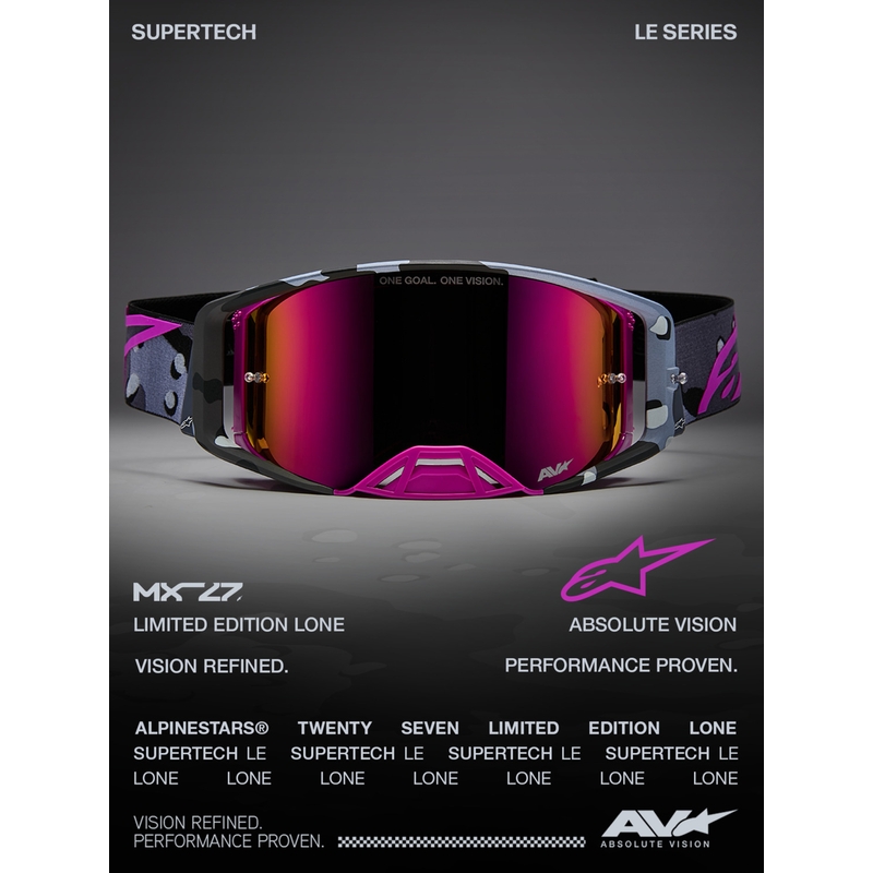 Alpinestars Supertech Lone Motocross-Brille in lila Camouflage mit verspiegeltem rosa Plexiglas