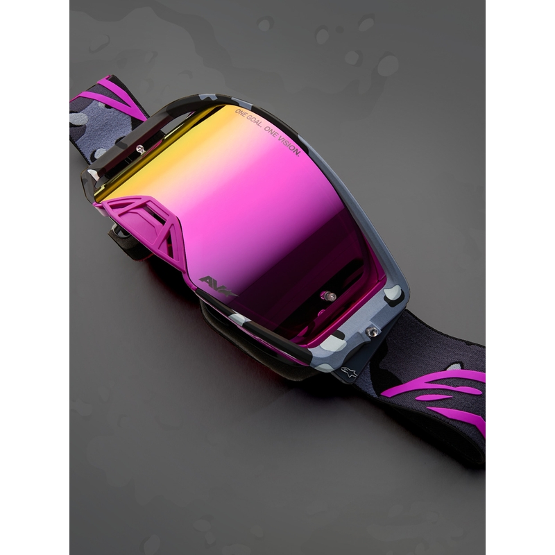 Alpinestars Supertech Lone Motocross-Brille in lila Camouflage mit verspiegeltem rosa Plexiglas