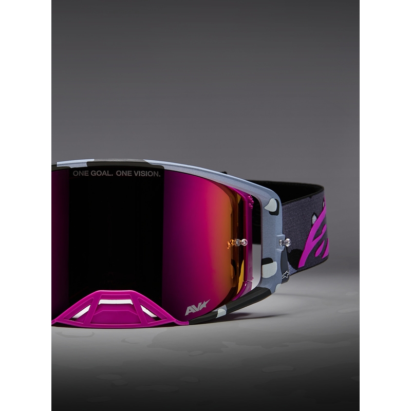 Alpinestars Supertech Lone Motocross-Brille in lila Camouflage mit verspiegeltem rosa Plexiglas