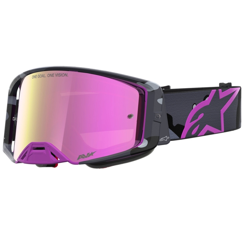 Alpinestars Supertech Lone Motocross-Brille in lila Camouflage mit verspiegeltem rosa Plexiglas