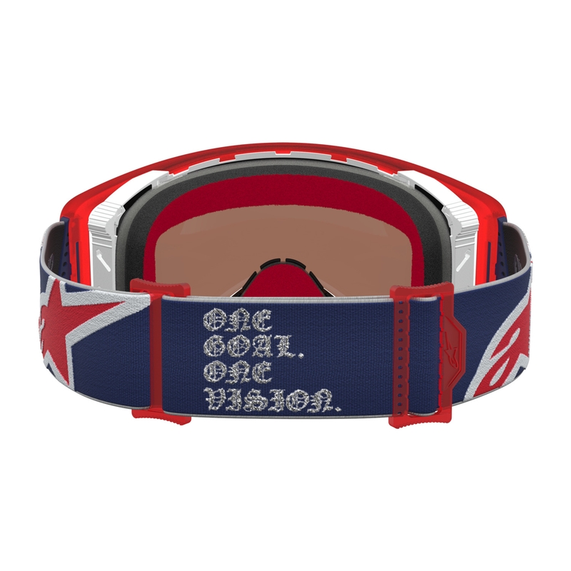 Alpinestars Supertech Fiftyfold Motocross-Brille blau-rot-weiß mit verspiegeltem rotem Plexiglas