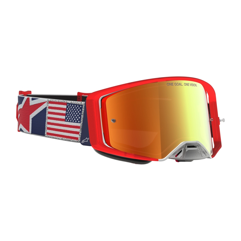 Alpinestars Supertech Fiftyfold Motocross-Brille blau-rot-weiß mit verspiegeltem rotem Plexiglas