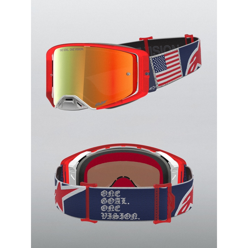 Alpinestars Supertech Fiftyfold Motocross-Brille blau-rot-weiß mit verspiegeltem rotem Plexiglas