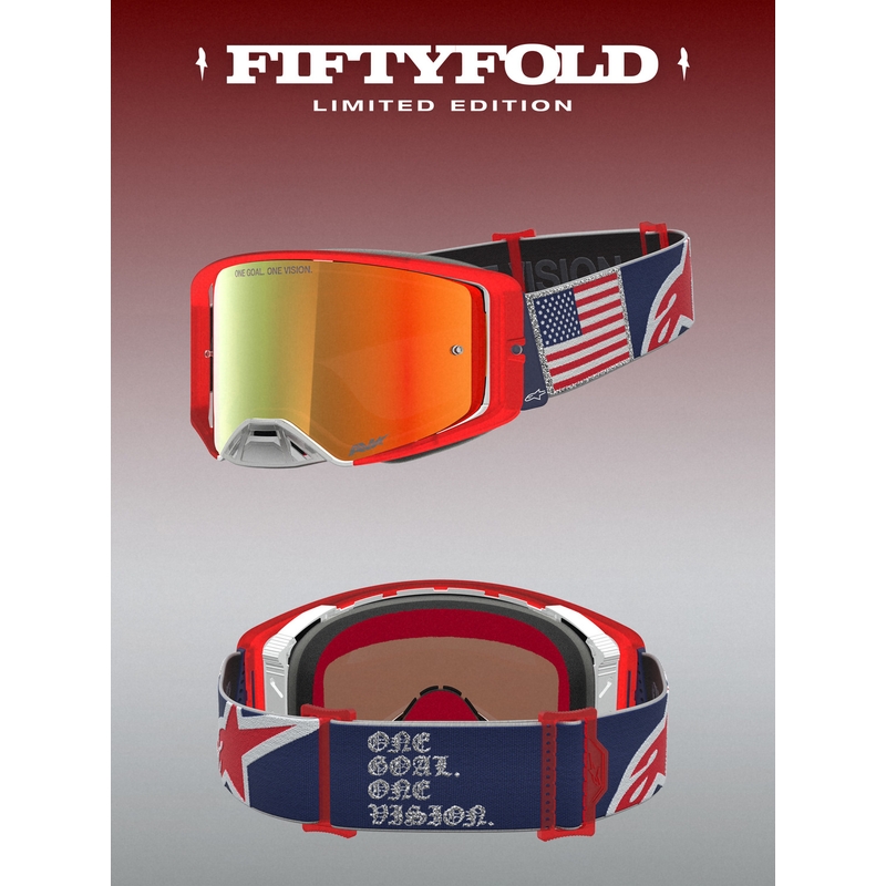 Alpinestars Supertech Fiftyfold Motocross-Brille blau-rot-weiß mit verspiegeltem rotem Plexiglas