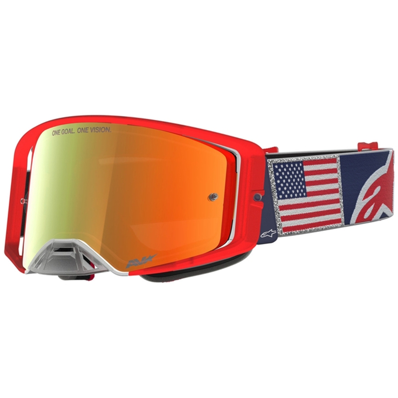 Alpinestars Supertech Fiftyfold Motocross-Brille blau-rot-weiß mit verspiegeltem rotem Plexiglas