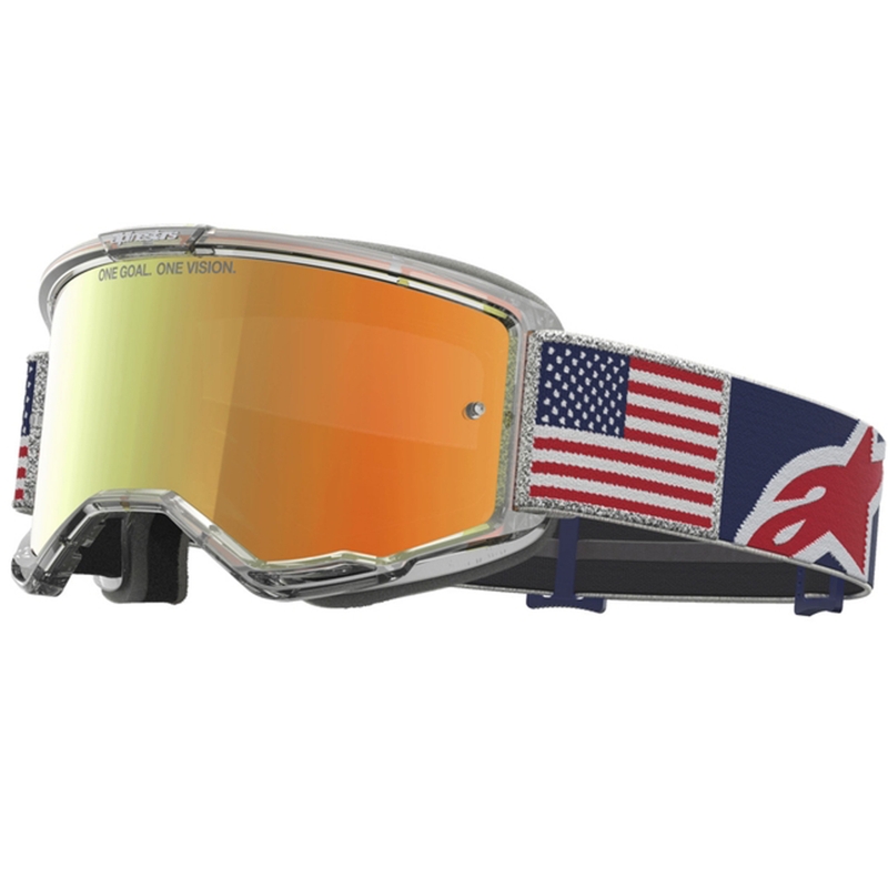 Alpinestars Vision 5 Fiftyfold Motocross-Brille in Blau-Rot-Weiß mit verspiegelten roten Gläsern