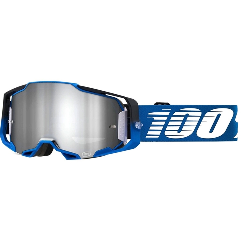 Motocrossbrille 100% ARMEGA Rockchuck schwarz-weiß-blau (silbernes Plexiglas)