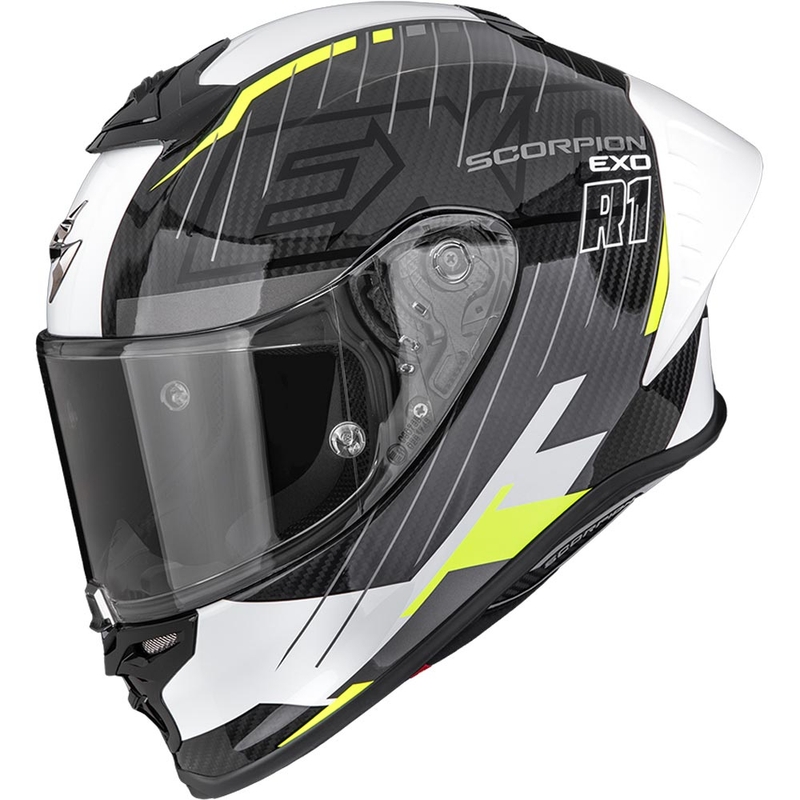 Scorpion EXO-R1 EVO II Air Surge Integralhelm für Motorräder, schwarz-weiß-fluoreszierend gelb