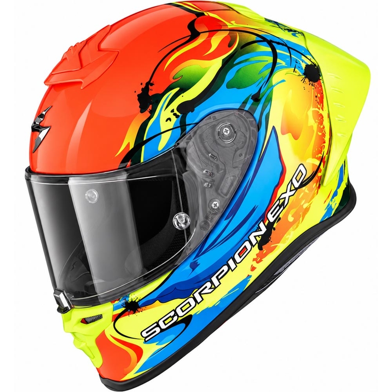 Scorpion EXO-R1 EVO II Air Thrust Integralhelm für Motorräder, fluoreszierend rot-blau-gelb