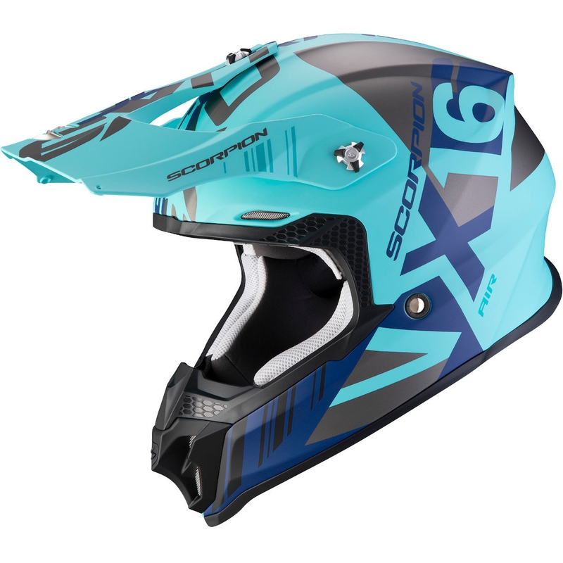 Motocross Helm Scorpion VX-16 Air Mach silber-blau-türkis