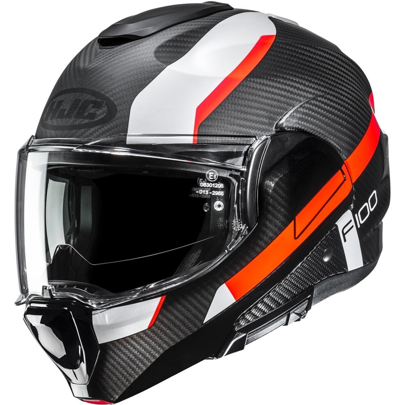 Klappbarer Motorradhelm HJC F100 Carbon Askan MC6HSF schwarz-orange-weiß-rot