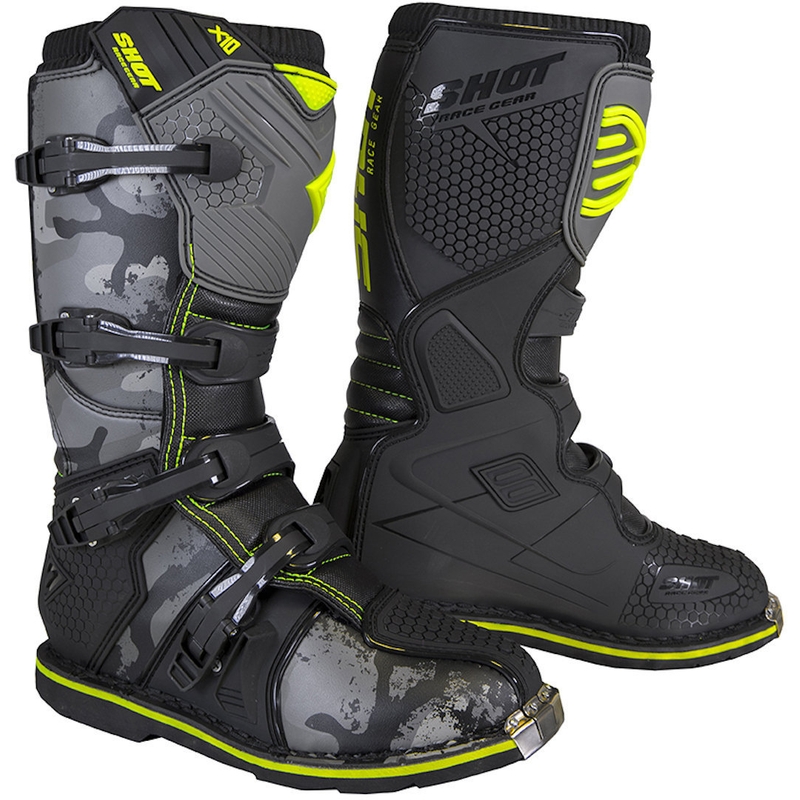 Kinder Motorradstiefel Shot K10 2.0 schwarz-camo-fluo gelb Ausverkauf